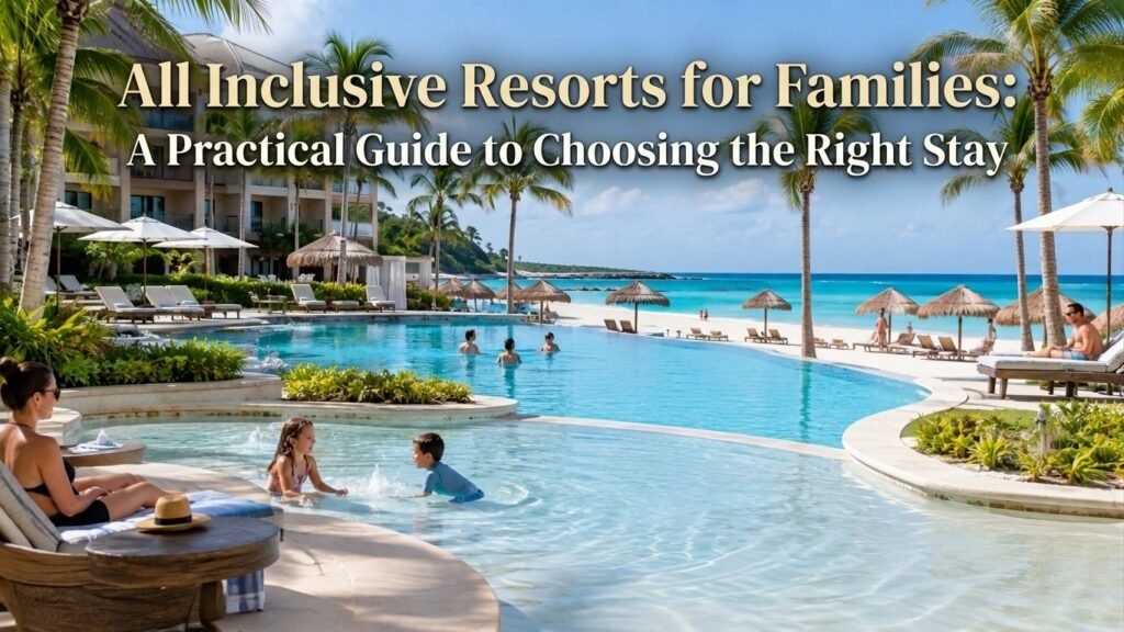All inclusive family resort with children enjoying a tropical beachfront vacation