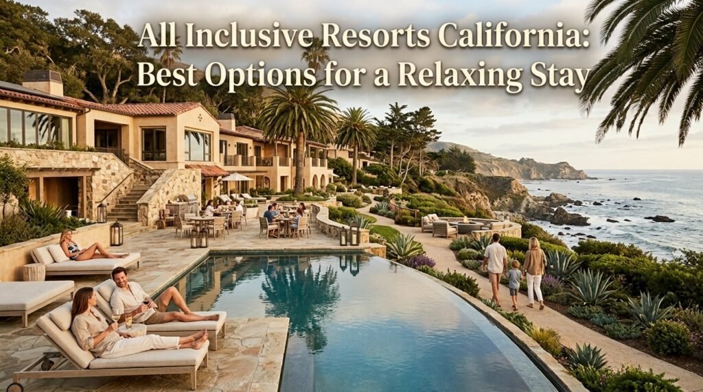 All inclusive resort overlooking the California coast with pool and Pacific Ocean views